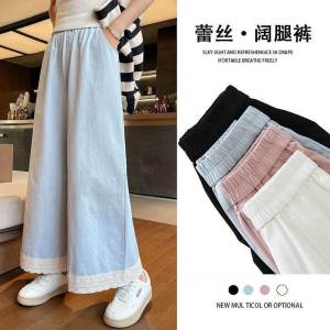 NCE Forest style pink lace lace patchwork wide leg pants for women in spring and summer 2025 new high waisted straight leg casual cropped pants