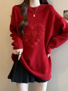 Christmas New Year Red Oversized Knit Sweater Womens Autumn Winter Warm Thickened Long Sleeve round Neck Pullover Casual