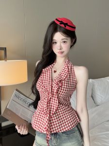 GUZILIAN | Áo vest không tay cổ treo kẻ caro đỏ Pháp cho nữ mùa hè Pure Desire Hot Girl Dây thắt nơ eo không tay Áo sơ mi