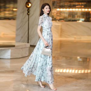 Elegant Chinese Style Summer Long Midi Dress Womens Fashion Print Chiffon Dress Ankle Length High Waist Short Sleeve Dress