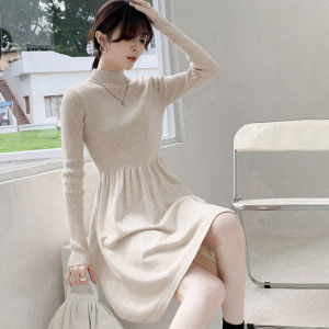 Rumen Miui Mid-Length Knitted Dress Thickened High-Waist A-Line Black Dress for Women Autumn Winter Half-High Collar Inner Wear