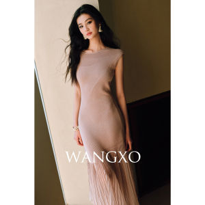 ชุดเดรสยาวทรงเอเอวสูงผ้าอ็อกกีนเนื้อนุ่มโปร่งใสระบายอากาศได้ดี แขนสั้น คอตั้ง สไตล์เรียบง่าย ฤดูใบไม้ผลิและฤดูร้อน