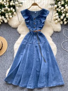 French Vintage V-neck Wooden Edge Trim Splice Single Button Slimming Knee-length Overcoat Denim Dress High Waist A-line Skirt