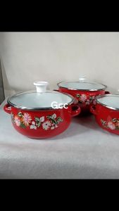 Calypso Panci Enamel Set 3 Susun Tutup Kaca Food Garde Motif Bunga Original Bahan Tebal Asli Ukuran 16/18/20cm
