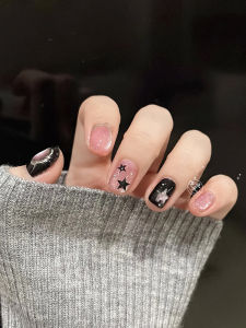 Handmade อัญมณีเล็บเกราะ Cats Eye สวมสติกเกอร์เล็บป้องกันสีดําสีชมพูและ Cool Star Design สั้นสไตล์