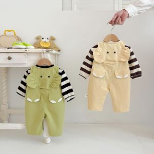 กางเกงผ้าฝ้ายลายช้างแขนกว้างสำหรับเด็กชายและเด็กหญิง กางเกงขายาวทรงเข้ารูปสีลูกกวาด กางเกงขายาวแบบมีสายสะพายไหล่