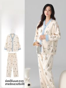 MiiOW | ชุดนอนผ้าฝ้ายแท้ Catman สำหรับคุณแม่วัยครรภ์ ชุดอยู่บ้านฤดูใบไม้ร่วง ชุดนอนผู้หญิงพร้อมแผ่นเสริมหน้าอก ชุดนอนผ้าฝ้ายแท้ 2025 ใหม่