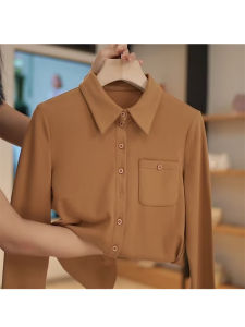 เสื้อเชิ้ตคอโปโลแขนยาวแฟชั่นสำหรับผู้หญิง สไตล์เกาหลี สีพื้น ทรงหลวม ปกติ ฤดูใบไม้ร่วง 2023 เสื้อเชิ้ตผู้หญิงคอโปโลสีพื้นแบบทันสมัย