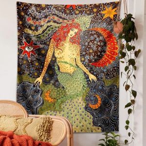 VIKAMA Nàng Tiên Cá Giả Tưởng Tấm Thảm Boho Nữ Thần Đại Dương Treo Tường Với Mắt Ác Mandala Nghệ Thuật Cho Phòng Ngủ Phòng Tắm Trang Trí Có Thể Giặt Bằng Máy