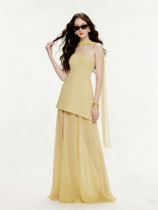 French Style Elegant Yellow Thin Mesh Ruffled Strapless Slim Fit Slit Dress Long Evening Gown