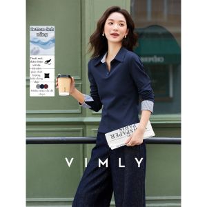 Vimly | Áo Thun Tay Dài Thiết Kế Đối Chiếu Đa Lớp Màu Hải Quân