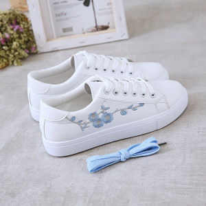 New Spring Autumn Women Flat Embroidered Casual Sneakers Lady Low-top Lace-up White Shoes Ladies Adult Soft-soled Casual Sneaker