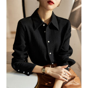 Big Sale Leak-Picking Outlets Womens Clothing Pearl Buckle Black Shirt Womens Fashionable Shirt Long Sleeve Top Spring