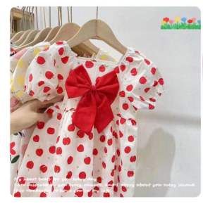 3-8yrs Girl’s Princess Style Square Neck Korean Style Cute Bow Knot Short Sleeved Cotton Dress 3-8岁女童时尚公主风方领时尚洋气韩式可爱蝴蝶结短袖棉质裙子