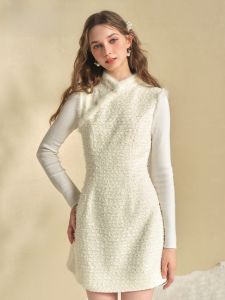 TAMMY TANGS | ชุดเดรสยาวปานกลางผ้าขนกระต่ายถักแบบมีซิปหลังสำหรับผู้หญิง ฤดูใบไม้ร่วง/ฤดูหนาว เสื้อผ้าทำงาน ชุดเดรสยาวปานกลางสไตล์ใหม่