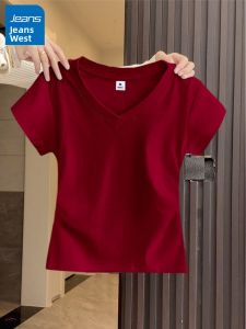 Jeanswest | Slimming Wine Red V-Neck Short Sleeve Cotton Womens Top