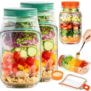 Side Opening Plastic Salad Jar / Convenient Lunch Container with Seasoning Box / Layering Salad Storage Box / for Breakfast Fruit Cereal Nut Yogurt