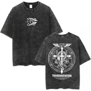 Bandai | Hot Sale Anime Peripherals Fullmetal Alchemist Graphic Print T-shirt Men Women Vintage Washed Cotton Top Summer New Tee