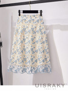กระโปรงจีบผ้าลูกไม้ปักสไตล์เกาหลีเอวสูงทรงเอเข้ารูป กระโปรงยาวปานกลางสำหรับใส่ไปทำงานในฤดูร้อน
