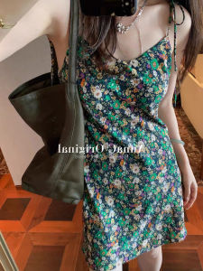 Age-Reducing Vintage Floral Sling Dress Womens Summer Stylish Niche Style Sweet V-neck Slimming Elegant A- Line Skirt
