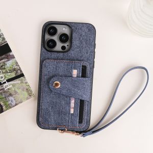 Stylish Minimalist Cowboy Texture PU Leather Case for iPhone 14 16E 15 12 11 13 Wallet With a Lanyard