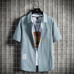 ROMON | เสื้อเชิ้ตแขนสั้นผ้าไหมน้ำแข็งสำหรับผู้ชาย ทรงหลวม แฟชั่นฤดูร้อน ลำลอง บาง ไม่ต้องรีด แจ็คเก็ตเสื้อทำงาน ผ้าฝ้ายโพลีเอสเตอร์ 100%