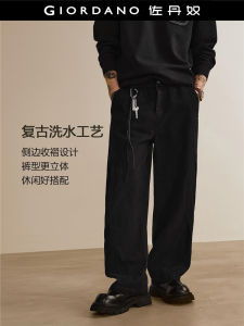Designer Giordano Mens Cotton Casual Pants Pleated Loose Waist Long Trousers Straight Leg Workwear Zipper Fly Youthful Style