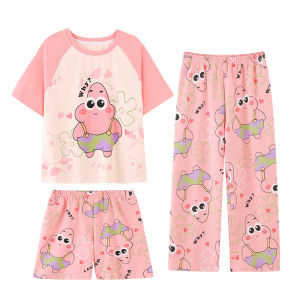 miiow | Pure Cotton Summer Childrens Sleepwear Set For Girls Cat Person Home Air Conditioning Clothes Three-piece Suit Cartoon Cute Style