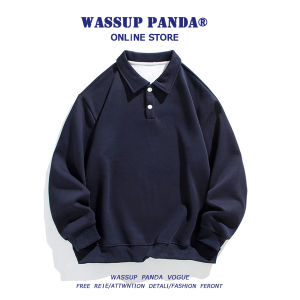 WASSUP PANDA Simple Japanese Style Heavyweight Collared Sweatshirt Mens Spring Autumn Trendy Pure Color Casual Polo Shirt Top