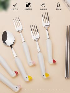 Good-looking Ceramic Handle Spoon 304 Stainless Steel Tableware Cartoon Fruit Fork Dessert Spoon Tip Spoon Small round Spoon