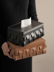 Modern Luxury Italian Woven Leather Tissue Box French Style Living Room Desktop Storage Organizer Elegant Minimalist Design