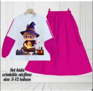 baju anak labubu setelan rok tangan combinasi gambar Labubu Magic terbaru untuk usia 3-12 tahun