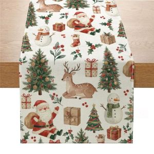 Christmas Tree Xmas Ball Plaid Linen Table Runner Party Decor Winter Snowflake Kitchen Dining Table Runners Christmas Decoration