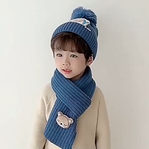 Mũ trẻ em mùa thu đông bé trai gấu mũ len bé gái dệt kim cotton ấm áp kèm khăn quàng cổ