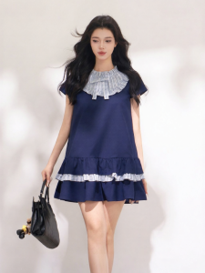 KEIKO | Navy Check Frilled A-Line Dress