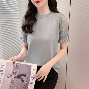 LUCKIN STORE Áo Thun Nữ Thời Trang Nữ Lụa Băng Phong Cách Mùa Hè Nối Ren Tay Ngắn Cổ Tròn Đa Năng