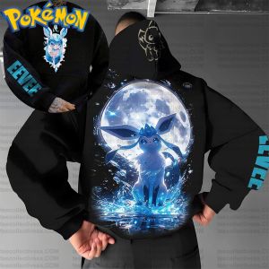 Bandai | Pokemon Anime Eevee Cotton Hoodie Black Color Character Print with Blue Glowing Moon Water Splash Pattern Casual Streetwear