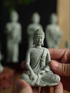 Buddha Garden Statue Fish Tank Decoration Mini Buddhism Figurine Desk Tablescape Decor Home Zen Statue Green Sandstone Thailand