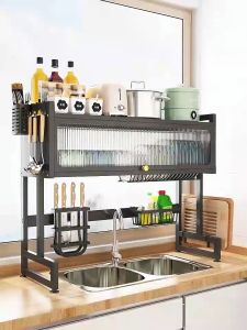 2 Tiers Kitchen Rack Rak Pinggan Dish Rack Cabinet Rack Over-The-Sink ​Drainer With Cover Plate Drying Rack Dish Rack Kitchen Organizer 65/75/95/105CM
