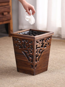 YILI | Chinese Style Solid Wood Trash Can With Lid