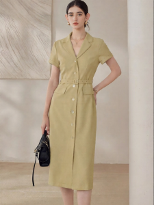 Roey s house | Elegant Khaki V-Neck Short-Sleeved Women Dress