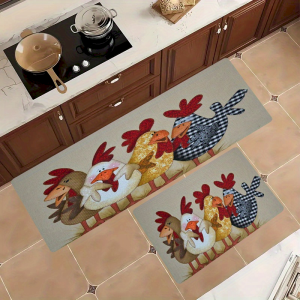 VIKAMA Rooster Checkered Printed Kitchen Carpet Entrance Anti slip Floor Mat Retro Animal Printed Floor Mat Home Decoration