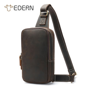 EDERN Retro Crazy Horse Leather Chest Bag for Men Genuine Leather Crossbody Bag Fashion Casual Sling Bag Versatile Sports Chest Pouch