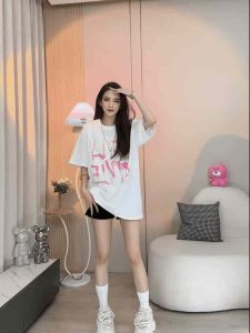 Áo Thun Cotton Tay Ngắn Màu Trắng in Họa Tiết Phong Cách Hàn Quốc Dáng Rộng Thời Trang Thiết Kế Đơn Giản Cho Nữ Mùa Hè 2024