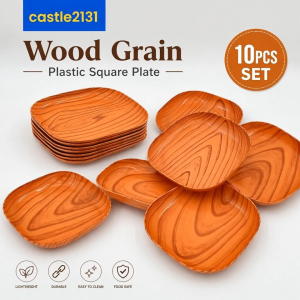Wood Grain Plastic Plate Set 10pcs Square Snack Dish Reusable Tableware Lightweight Durable for Home Kitchen Party Picnic BPA Free