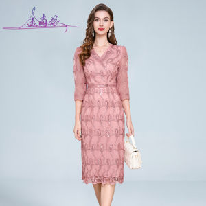 Elegant New Chinese Style Embroidered Dress Womens High-End Spring National Design Waist-Cinching Young V-Neck Bodycon Skirt