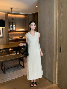 Maven Lin V-Neck 100% Linen Sleeveless Dress Loose Fit Summer Fashion Womens Gown Elegant Thin Long Vest Dress