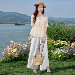 OUCAO | Elegant Loose Slimming Linen Wide Leg Pants Set
