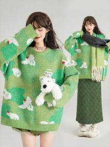 KEIKO | Floral Design Loose Casual Green Womens Knit Sweater