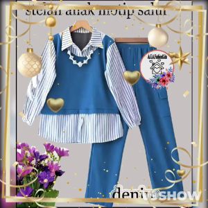 OneSet stelan anak motif salur bahan crinkle 4-10 tahun